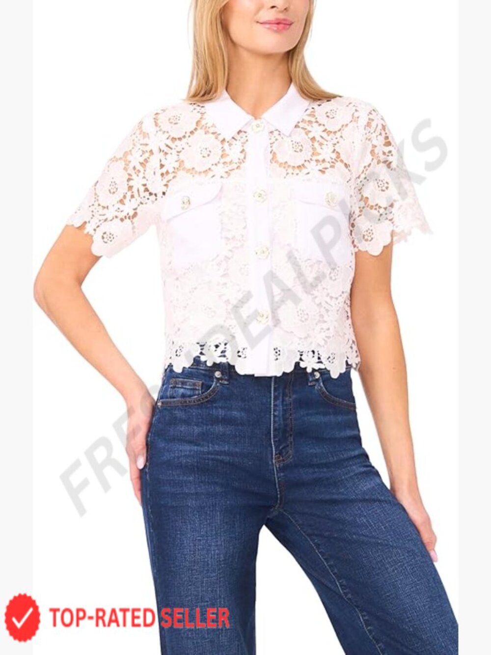 Lace Button Down Blouse with Patch Pockets Romantic Feminine Chic Workwear